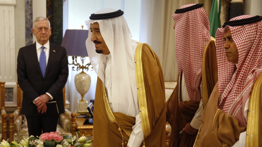 Saudi Arabia's King Salman welcomes U.S. Defense Secretary James Mattis in Riyadh on April 19.