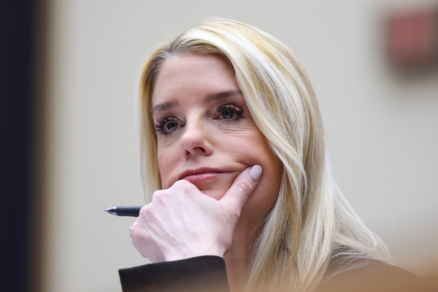 FILE - Attorney General Pam Bondi listens as she testifies before a House Judiciary Committee oversight hearing on Capitol Hill in Washington, Feb. 11, 2026, in Washington.