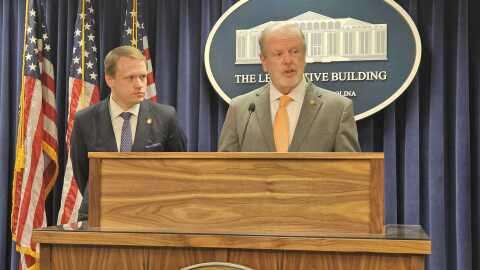 House Speaker Destin Hall, left, and Senate leader Phil Berger held a news conference Tuesday to announce a budget agreement.