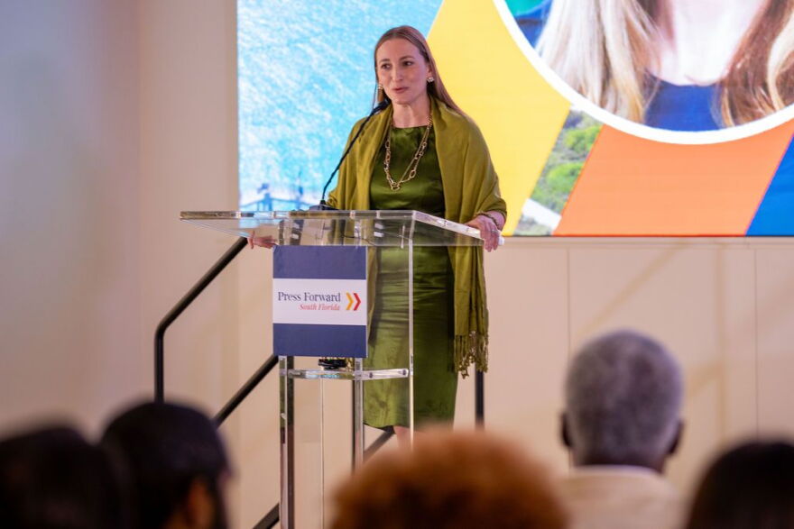 The Miami Foundation’s President and CEO Rebecca Fishman Lipsey speaks at the Freedom Tower on Tuesday, Sept. 22, 2026, to announce Press Forward South Florida's first round of grants to regional newsrooms. “We need local news to not just survive but to thrive," she said.