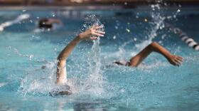 Kids swim in a pool. 