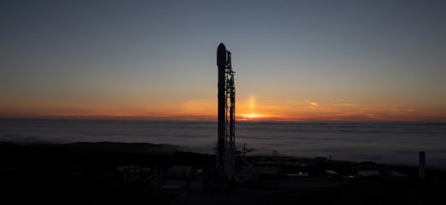 A SpaceX rocket with a payload of 13 military satellites standing by for takeoff at Vandenberg Space Force Base