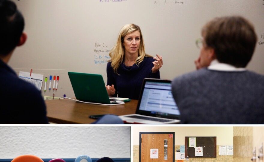 Top: Kelly Brown, the BARR coordinator at St. Louis Park, meets with counselors and teachers. Bottom left: Pins in Brown's office. Bottom right: Students work in the hallway.