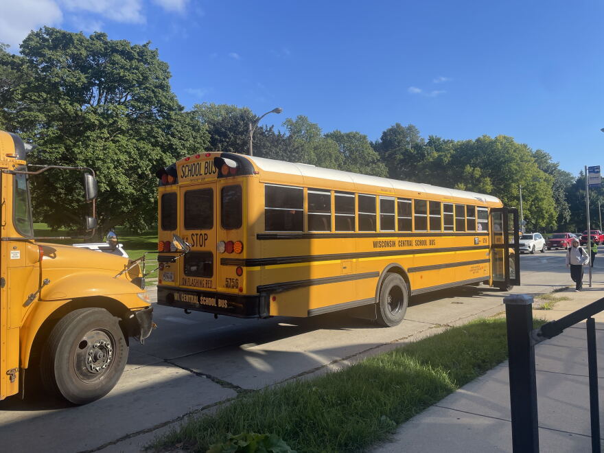 School buses line up outside Milwaukee Parkside School for the Arts on Sept. 23, 2026. Most standard size buses have 70-80 gallon fuel tanks.