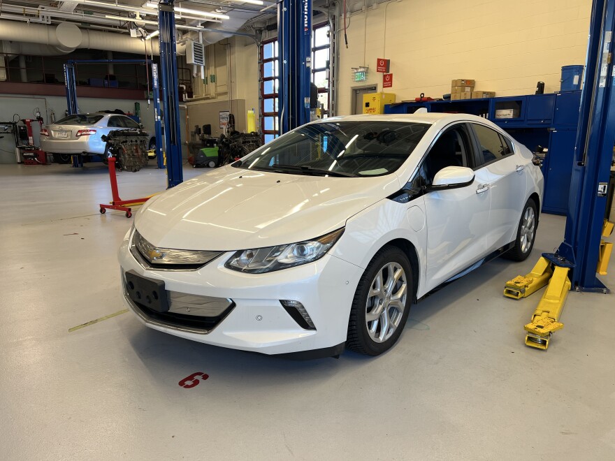 A Chevrolet Volt in the automotive technology department of Cape Cod Tech. One of the five EVs students have to learn on through a state grant.