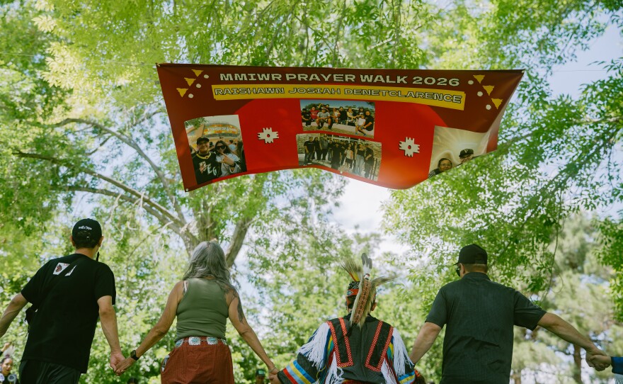 Attendees of fifth annual MMIWR Prayer Walk participate in an inter-tribal dance, on Sunday, May 3, 2026, at Floyd Lamb Park in Las Vegas.