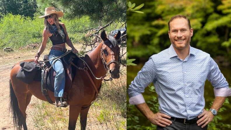 Nicole Larsen on horseback in the Greensprings near Little Hyatt Lake, Oregon; Ray Pettengell poses outdoors.