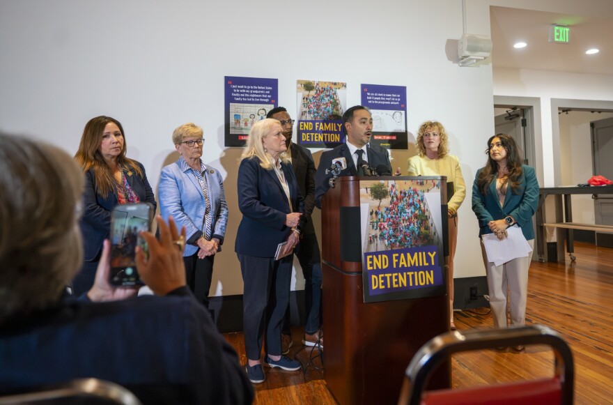 Rep. Chellie Pingree, second from left, at a press conference with fellow Democratic representatives after visiting an ICE detention center in Dilley, Texas this week.