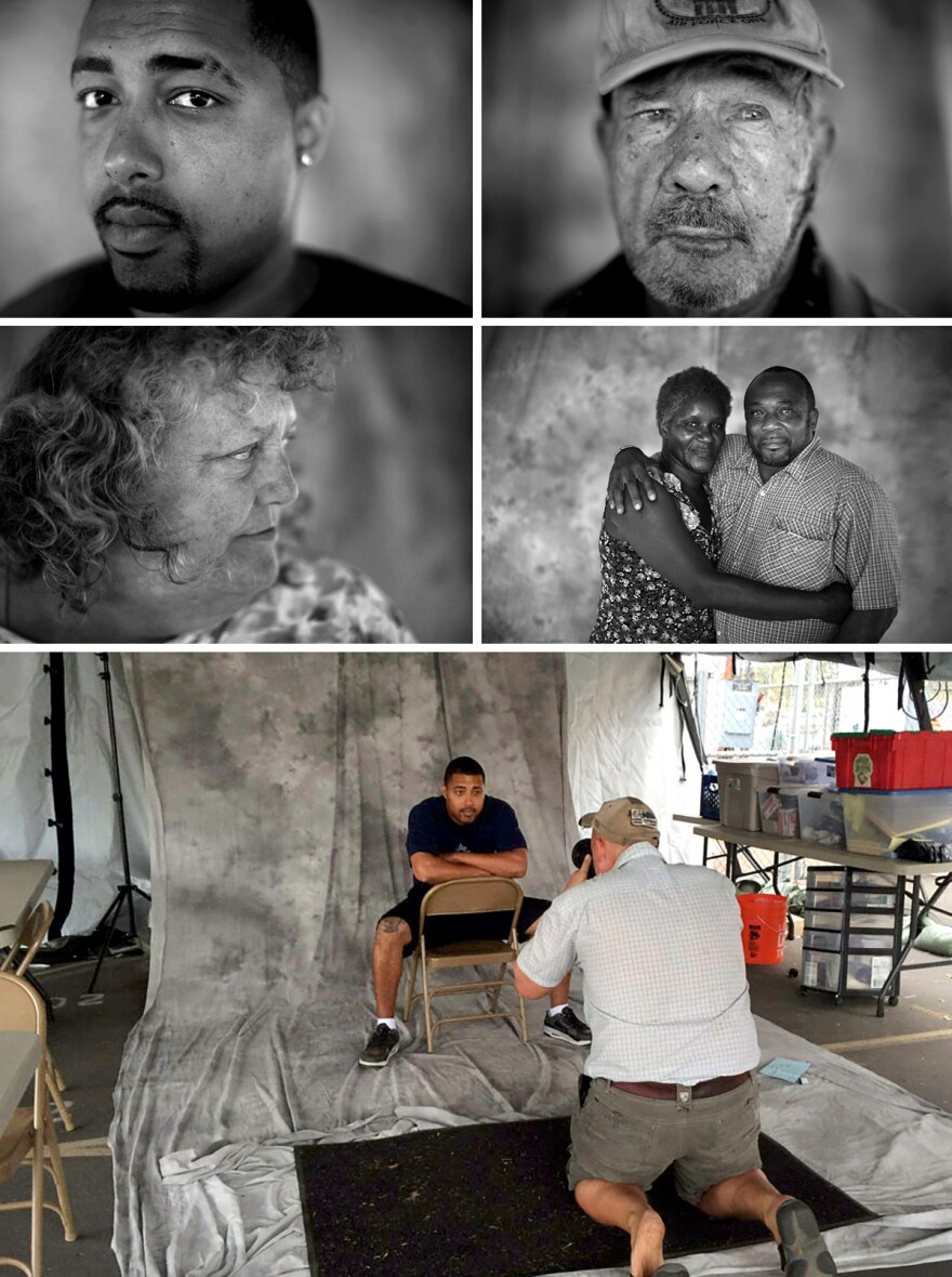 U.S. military veterans Marcus Bennett (from top, left to right), Henry Addington, Melinda Baca and Fred E. Parks Jr. and his wife, Jessica. (Bottom) David Gilkey photographs Marcus Bennett at a pop-up studio. <em>From the story "<a href="http://apps.npr.org/lookatthis/posts/veterans/" target="_blank">What Do Homeless Vets Look Like</a>," 2014.</em>