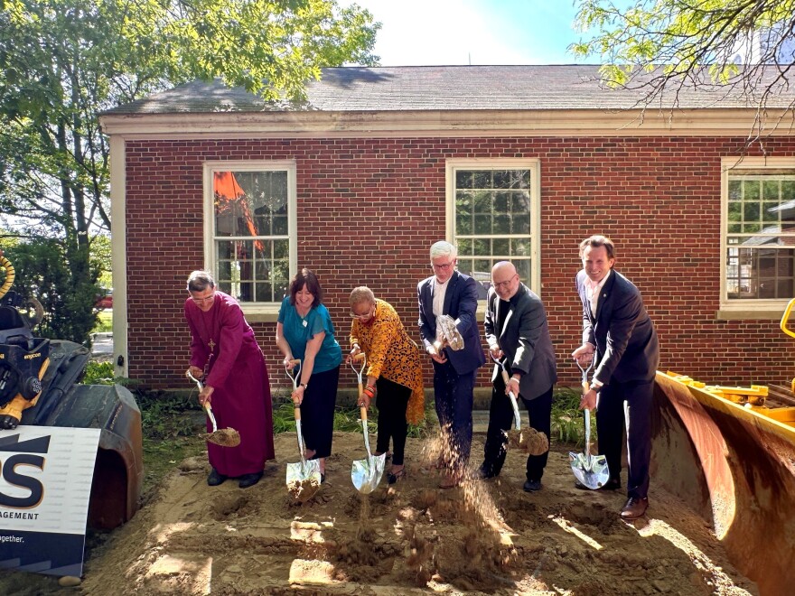 From left to right, Bishop Rob Hirschfeld, Haven Executive Director Kathy Beebe, Executive Director of the Black Heritage Trail of New Hampshire JerriAnne Boggis, Portsmouth Housing Authority Executive Director Craig Welch, the Rev. Steve Falci and Portsmouth Mayor Deaglan McEachern break ground on the redevelopment of Langdon Farm.