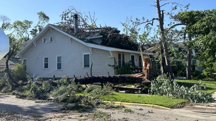 Tree debris on top of a house and on the streets