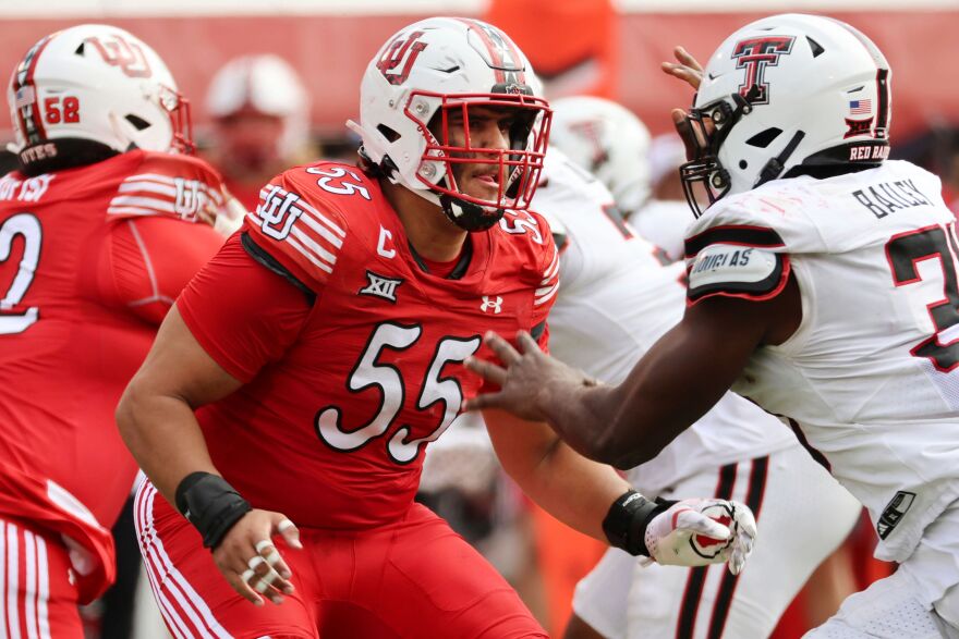 Utah offensive lineman Spencer Fano blocks during an NCAA college football game, Saturday, Sept. 20, 2025, in Salt Lake City, Utah. 
