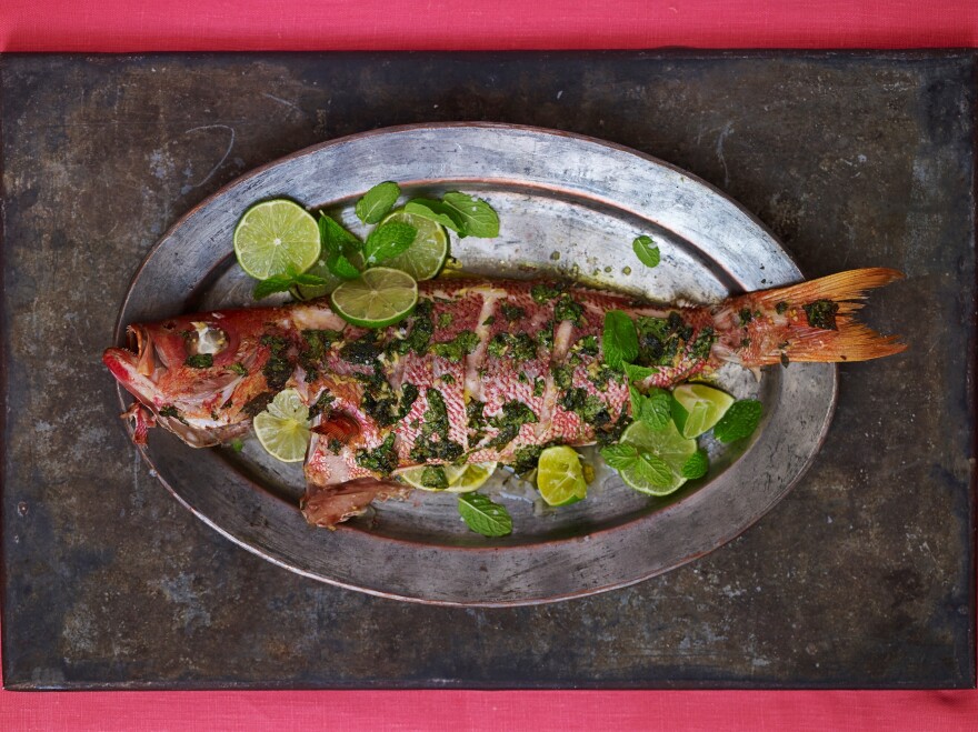 Whole Roast Snapper with Grilled Lime and Mojito Oil.