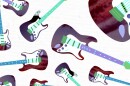 A series of Stratocaster style guitars rendered in dark purples and bright greens splashes across the page.