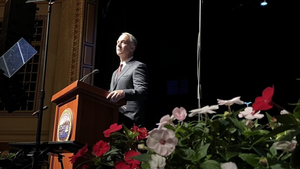 New Bedford Mayor Jon Mitchell gives his State of the City address at the newly renovated Zeiterion theater, April 8, 2026.