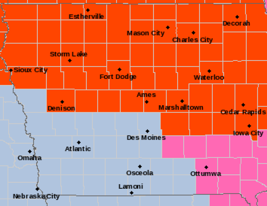 A National Weather Service graphic shows much of Iowa under a blizzard warning (orange.)