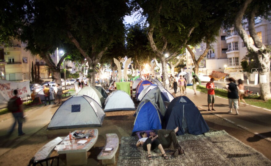 A tent camp has been set up on the promenade that lines Rothschild Boulevard, one of Tel Aviv's most expensive residential streets.