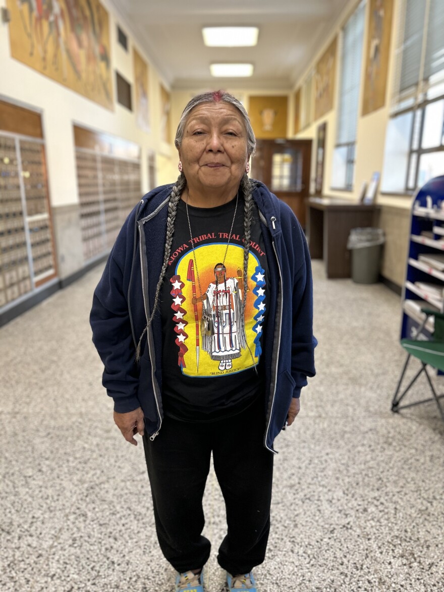 Kiowa artist Stephen Mopope painted murals in what is now the Anadarko Post Office in 1937. During the time Mopope painted this mural, Native American religious ceremonies and dances were outlawed. Depicting them, like things shown here was risky. It wasn’t until 1978 that Native people had the right to practice their religion openly.