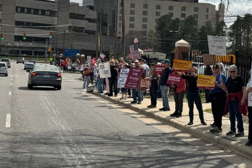 Department of Veterans Affairs nurses demonstrate outside the Durham, N.C. VA Medical Center in April 2025 to protest proposed staffing cuts. According to Senate Democrats, the VA lost tens of thousands of workers in the past year, many from health care jobs. 