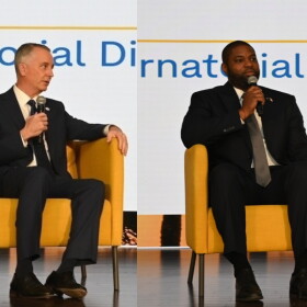 Florida gubernatorial candidates, Democrat David Jolly (left) and Republican U.S. Rep. Byron Donalds speak during WLRN'S Sunshine Economic Summit on Sept. 23 in Fort Lauderdale.