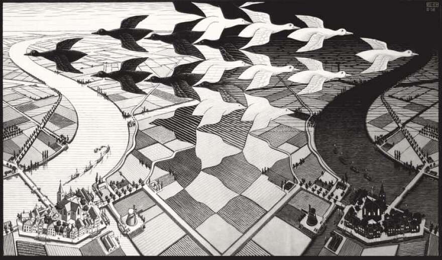 Image: Escher, Day and Night 1938 Woodcut, moartdeland.org