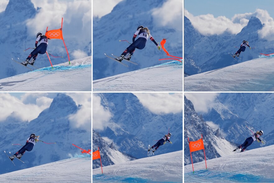 This combination of images shows the United States' Lindsey Vonn crashing during an alpine ski women's downhill race, at the 2026 Winter Olympics, in Cortina d'Ampezzo, Italy, Sunday, Feb. 8, 2026.
