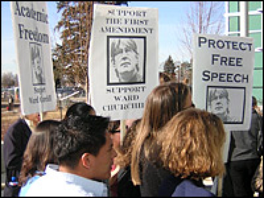 Supporters of professor Ward Churchill gathered outside a school building where regents met to discuss his case.