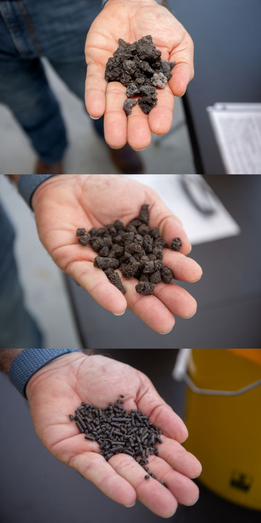 A collage of three photos. Each features an outstretched hand. The hand is holding - from top to bottom - large fertilizer chunks, then medium-sized chunks, then much smaller pellets. 