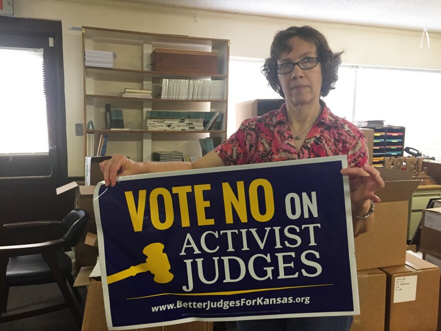 Susan Guthrie works for Kansans for Life, the state's most vocal anti-abortion organization and one of the groups campaigning against some of the Supreme Court justices up for re-election.