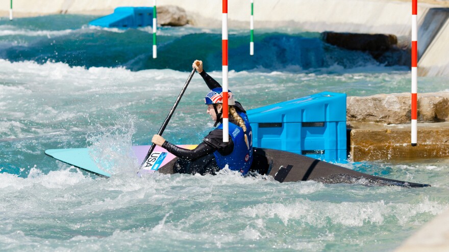 Evy Leibfarth navigates a slalom course at Montgomery Whitewater Park in Alabama. She won an Olympic trial there and punched her ticket to the Paris games this summer.