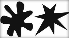 Two black paint splashes, the right has rounded edges, and the left has pointed edges. 