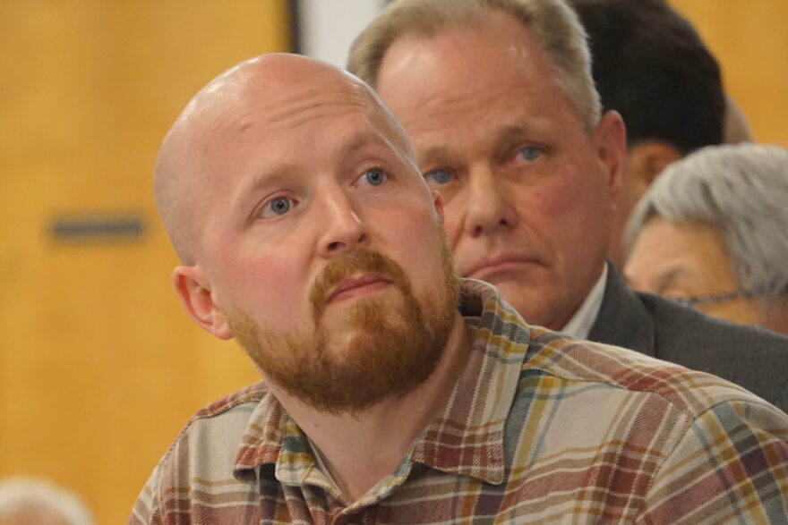 Jonathan Kreiss-Tomkins and Dave Briondon at the Justice Organizing Interfaith Network (JOIN) gubernatorial candidate forum on Oct. 19, 2026, at St. Anthony Catholic Church in Anchorage. The candidates were asked about their positions on the Donlin Gold mine, a subject that has not been much discussed in the gubernatorial campaign.