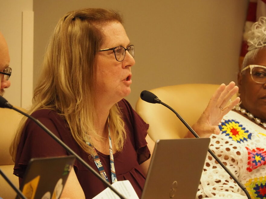 Kansas State Board of Education member Debby Potter, of Garden Plain, helps defeat a recommendation that a mother, also a licensed teacher, should lose her state education credential because of allegations she spanked her son with a belt outside a Wichita child care center. In this image from July 8, 2025, Potter speaks to colleagues on the Board of Education in Topeka.