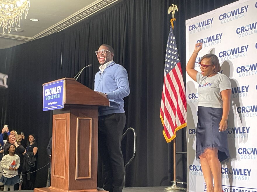 Democratic candidate for Wisconsin Governor David Crowley speaks to a crowd at The Pfister Hotel in Milwaukee on Oct. 26, 2026.