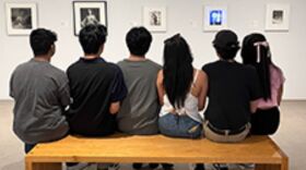 Six people sit on a bench with their backs to the camera, gazing at a wall on which 4 evenly spaced art pieces are positioned