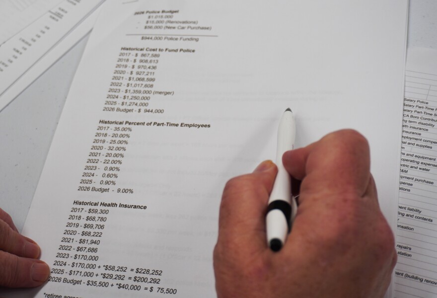 Christina Fulton, a co-founder of "Save the CRPD," points out numbers detailing the historical cost to fund local police, percent of part-time employees and how much the borough spent on police officers' health insurance. Besides saving the regional police department, Fulton also hopes to pressure borough council members to detail how they plan to keep police spending to $1 million after dissolving the partnership with Lawrence Township. 