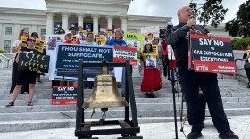 Abraham Bonowitz, of the group Death Penalty Action, leads a demonstration outside the Capitol in Montgomery, Ala., on Monday, June 8, 2026, to oppose an upcoming execution in Alabama. (AP Photo/Kim Chandler)