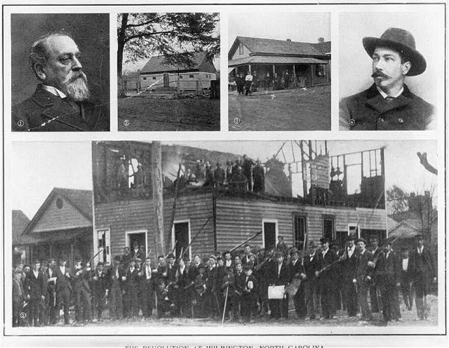 Library of Congress: Wilmington, N.C. race riot, 1898: montage of 5 photos: (1) Alfred M. Waddell; (2) Manhattan Park, where shooting took place; (3) 4th and Harnet, where first Black Americans fell; (4) E.G. Parmalee, new chief of police (5) The wrecked "Record" building and group of vigilantes]