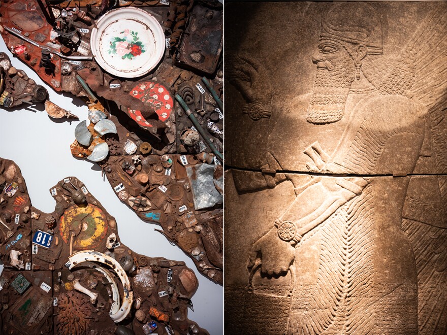 Left: A mixed media sculpture entitled "Presence of a Fundamental Absence" is seen in the Africa Gallery. Right: A relief of an apkallu, a winged genie, is seen in the Middle East gallery.