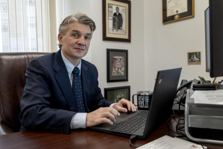 Attorney Todd Pomerleau, at his office in Boston. (Robin Lubbock/WBUR)