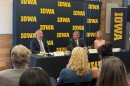 David Cwiertny, William D. Ashton Professor of Civil Engineering and director of CHEEC, speaks at a press conference next to Larry Weber and Sharon Krause. He said community education and engagement are important parts of the Iowa INSIGHT program.