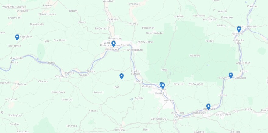 A green map with blue markers shows sites in and around Appalachian Ohio that were recently added to the National Underground Railroad Network to Freedom.