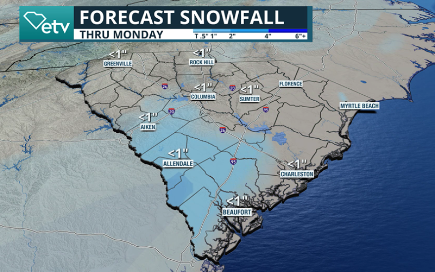 Expected snowfall across South Carolina.