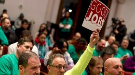 Labor union members turn out at a rally in New Haven in support of a plan by MGM Resorts International to develop a casino in Bridgeport. 