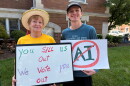Phyllis Massingale and Aiden Packard protested a data center ordinance outside the Bowling Green City Commission meeting on June 16, 2026.