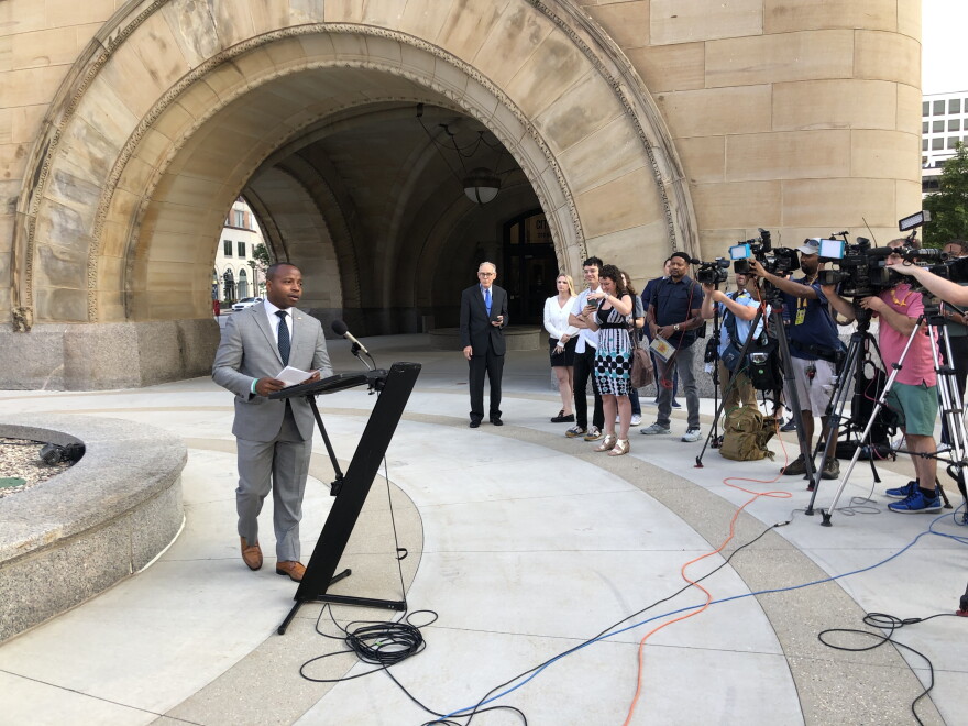 Milwaukee Mayor Cavalier Johnson speaks to press ahead of the start of the Republican National Convention on Monday.