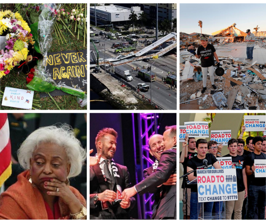 Pictured clockwise: the bridge collapse at FIU; damage after Hurricane Michael; the faces of the March for Our Lives movement; David Beckham celebrating being awarded an MLS franchise; Former Broward County SOE Brenda Snipes; a memorial for MSD victims