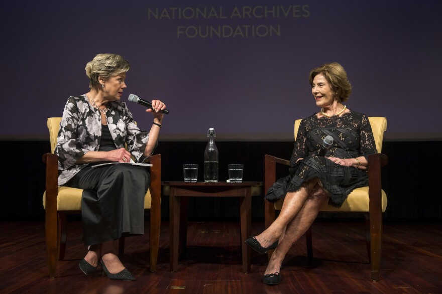 National Archives Foundation Vice Chair of Board Cokie Roberts and former first lady Laura Bush onstage at the National Archives Foundation Annual Gala in Washington, D.C., in 2018.