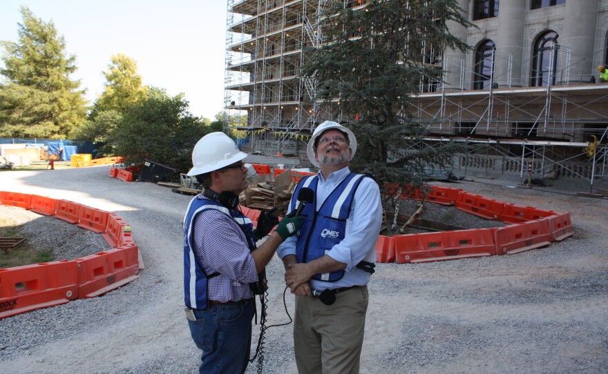 KGOU's Dick Pryor and eCapitol's Shawn Ashley outside the building.