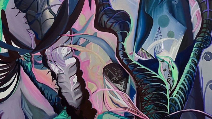 A detail view of a oil painting of a garden 